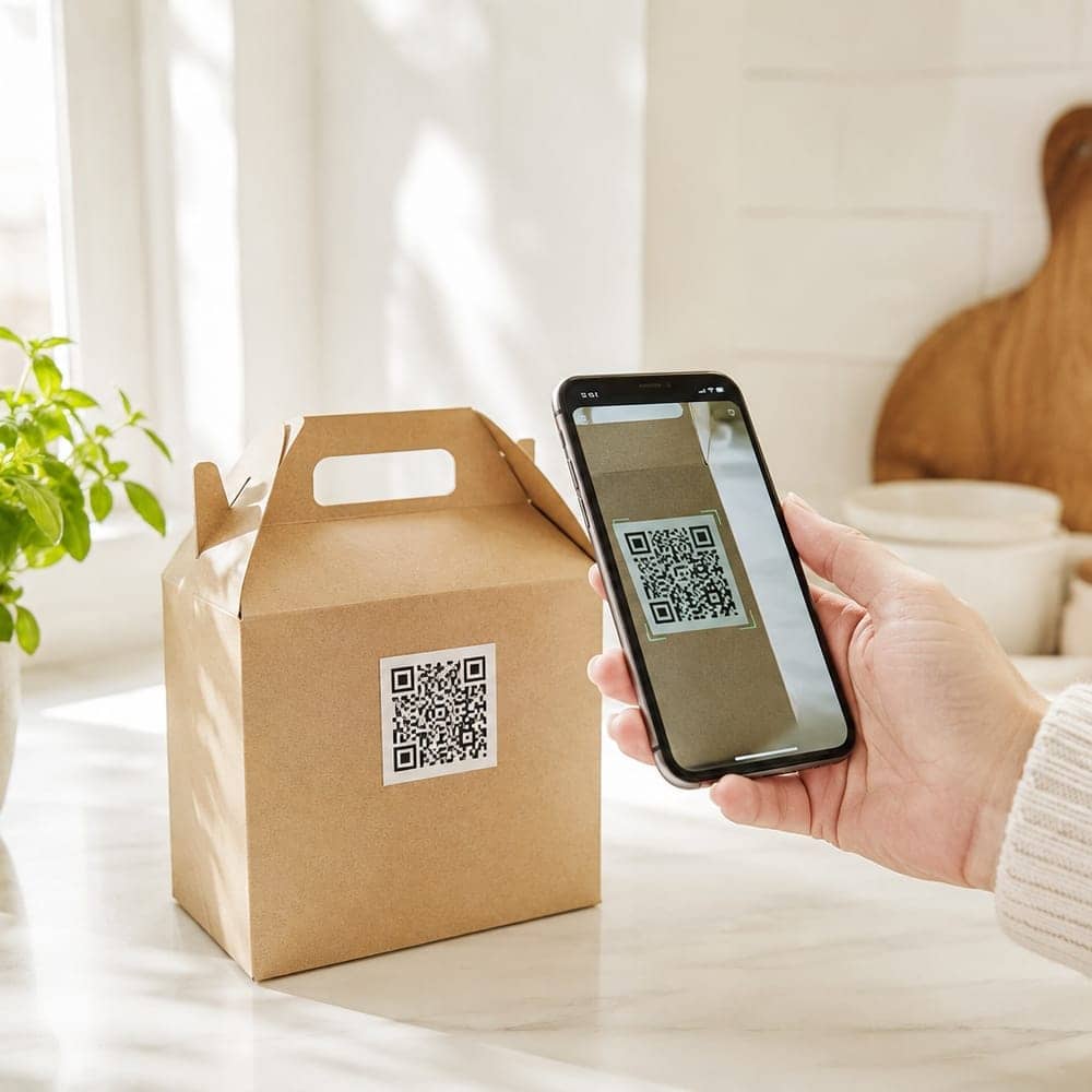 A hand holding a phone, scanning the QR code on an unbranded food carton in a bright morning kitchen